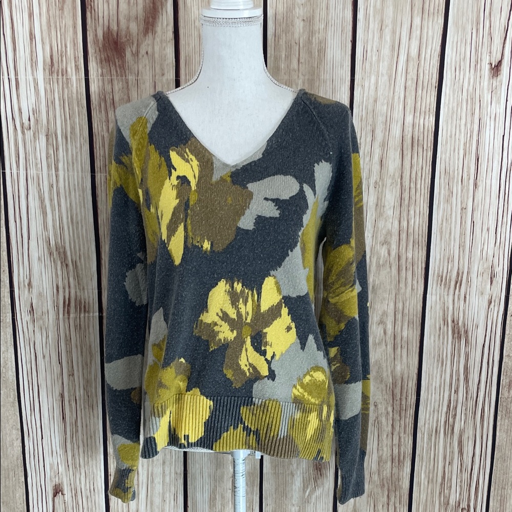LOFT Floral V-Neck Sweater - Charcoal and Mustard Size Medium
